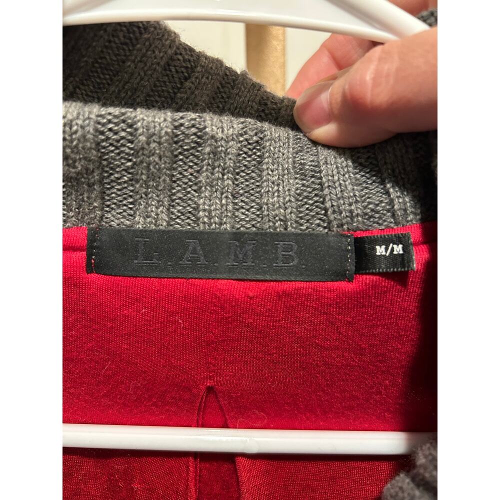 L.A.M.B Boiled Wool Cashmere Plaid Cardigan, Red/Gray, Medium - Picture 5 of 7